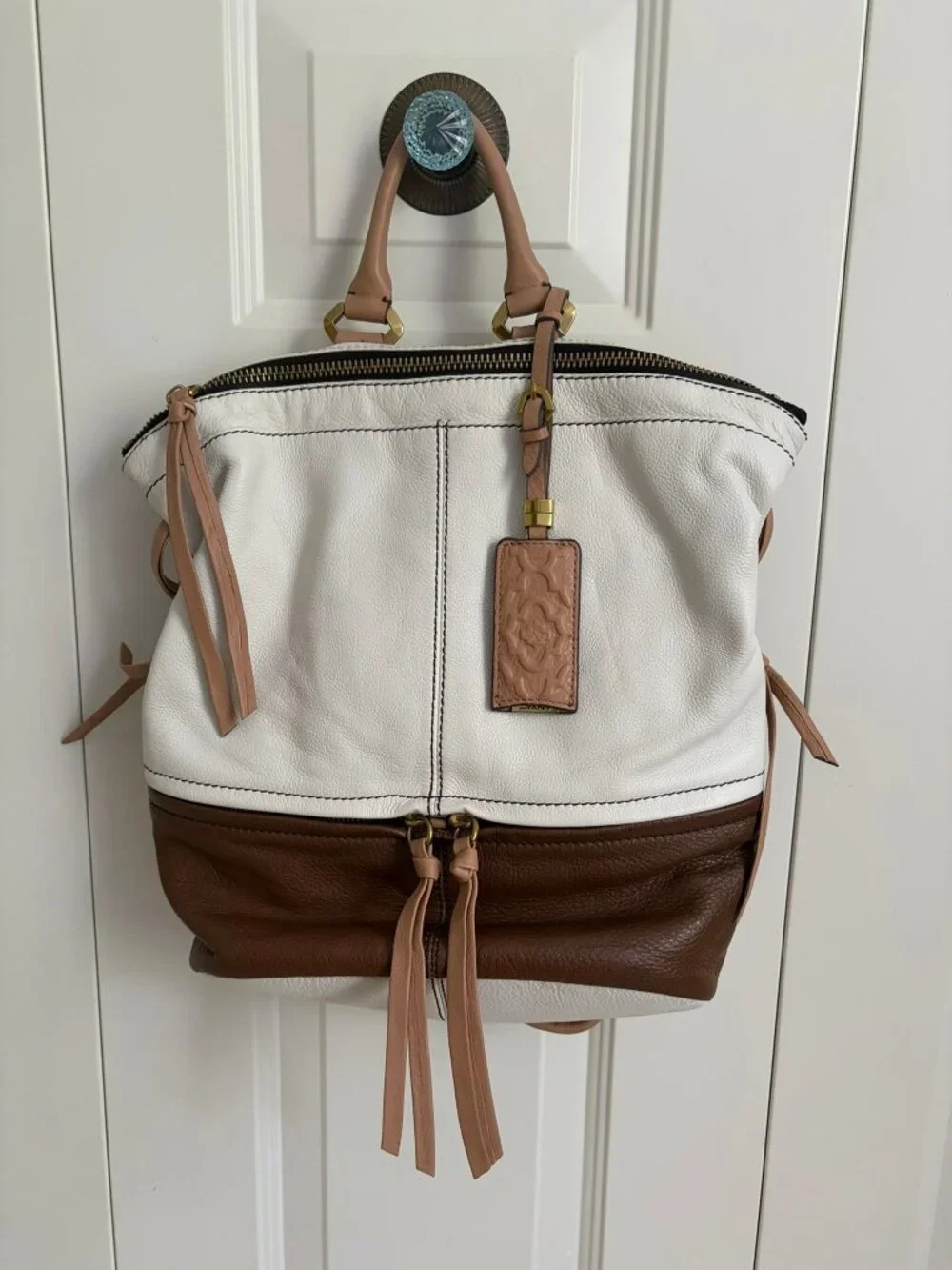 orYANY Holly Color Blocked Cream and Brown Leather Backpack NWOT